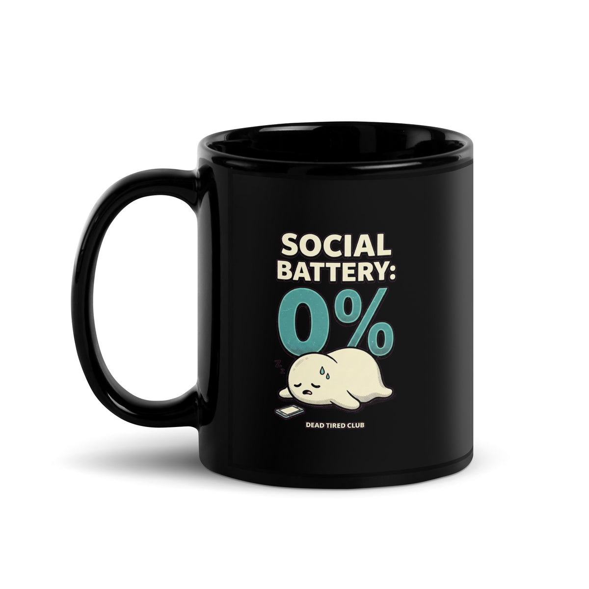 Mug noir Social Battery 0% — Dead Tired Club 11 oz (325 ml), vue côté anse