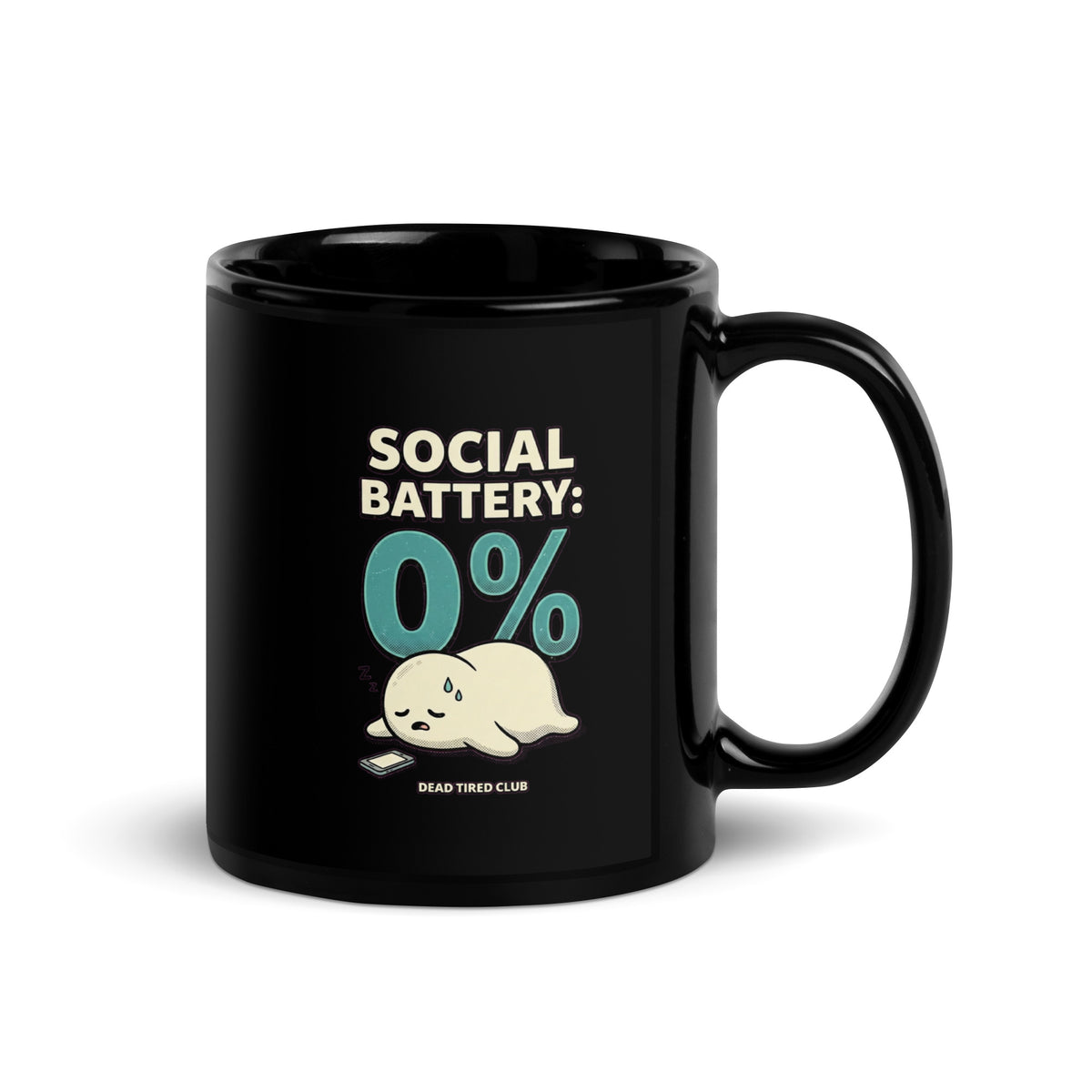 Mug noir Social Battery 0% — Dead Tired Club 11 oz (325 ml), vue côté anse