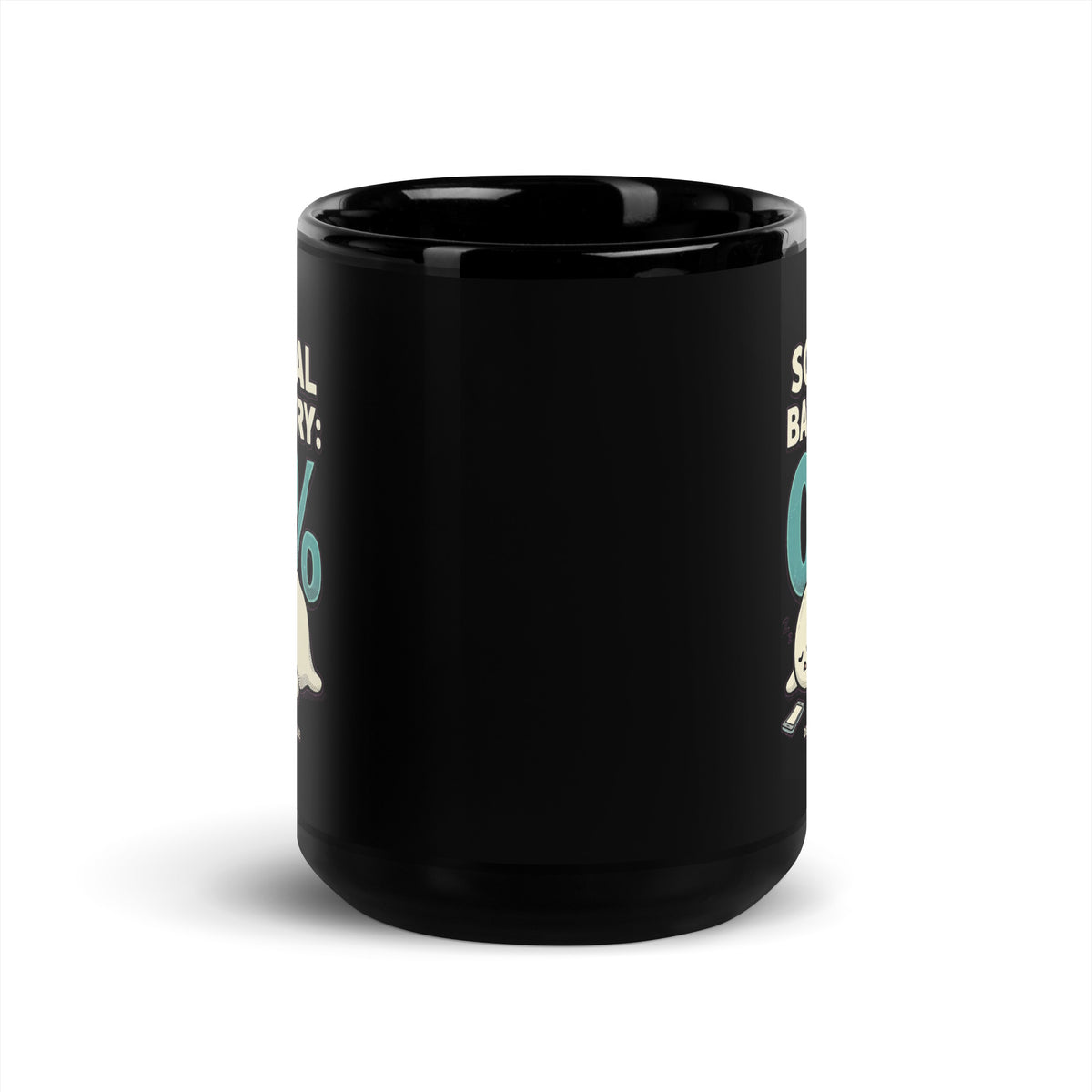 Mug noir Social Battery 0% — Dead Tired Club 15 oz (440 ml), vue de face