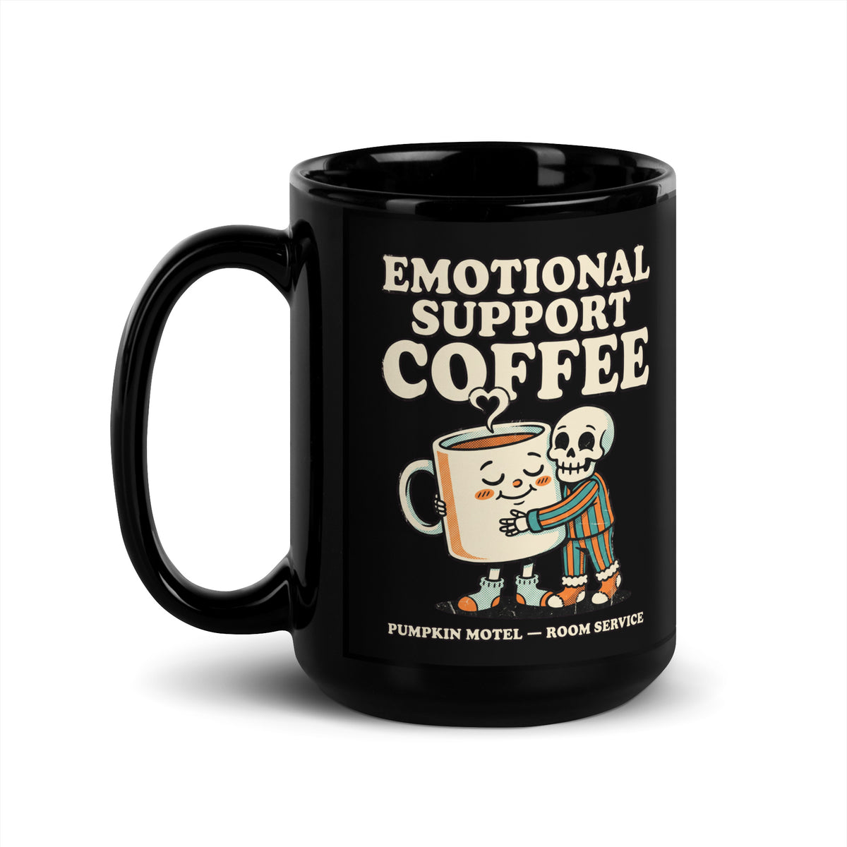 Mug noir Emotional Support Coffee — Room Service 15 oz (440 ml), vue côté anse