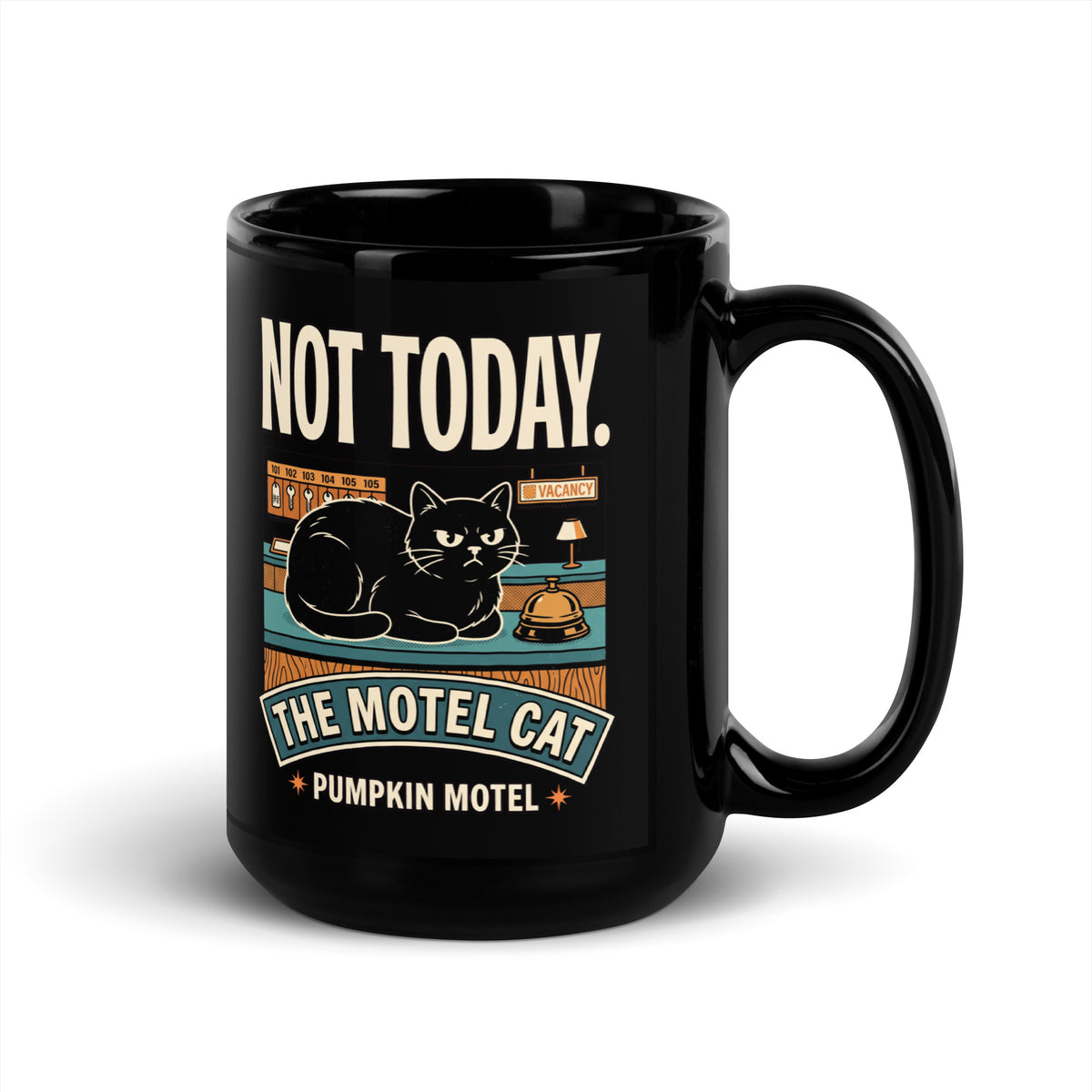 Mug noir Not Today. — The Motel Cat 15 oz (440 ml), vue côté anse