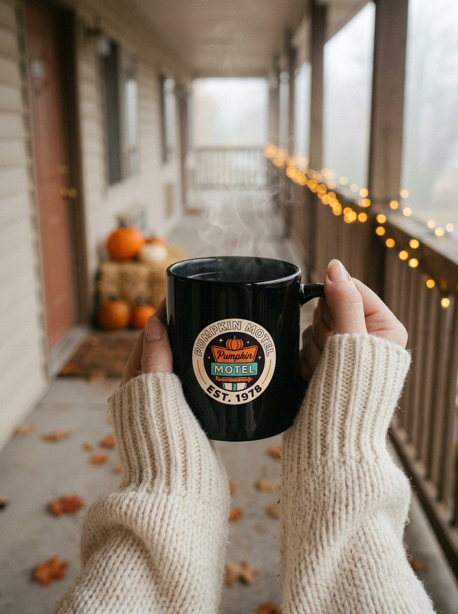 Mug noir Pumpkin Motel Est. 1978 tenu à deux mains sur la coursive du motel un matin d'automne