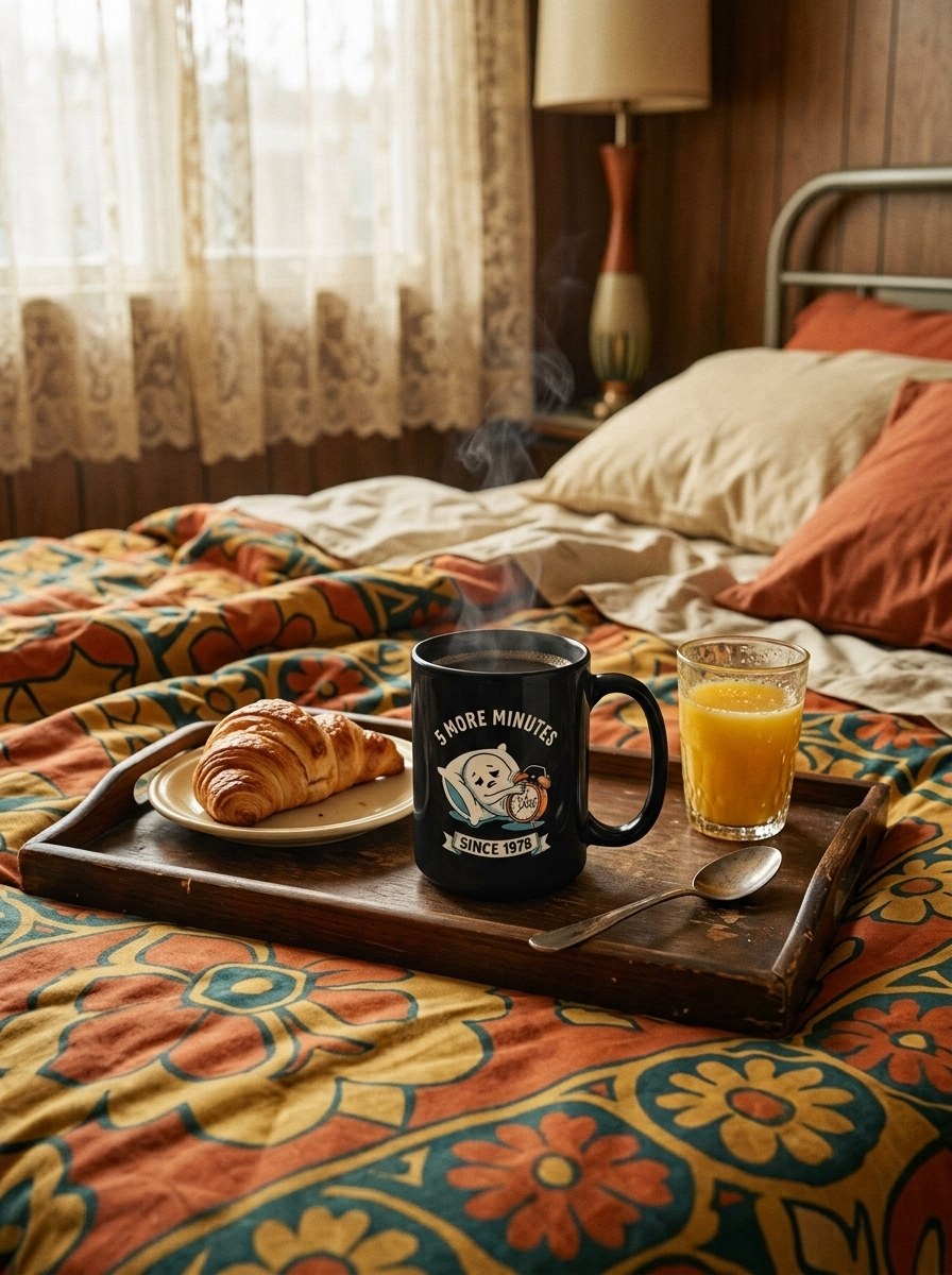 Mug noir 5 More Minutes sur un plateau de petit-déjeuner au lit dans une chambre de motel
