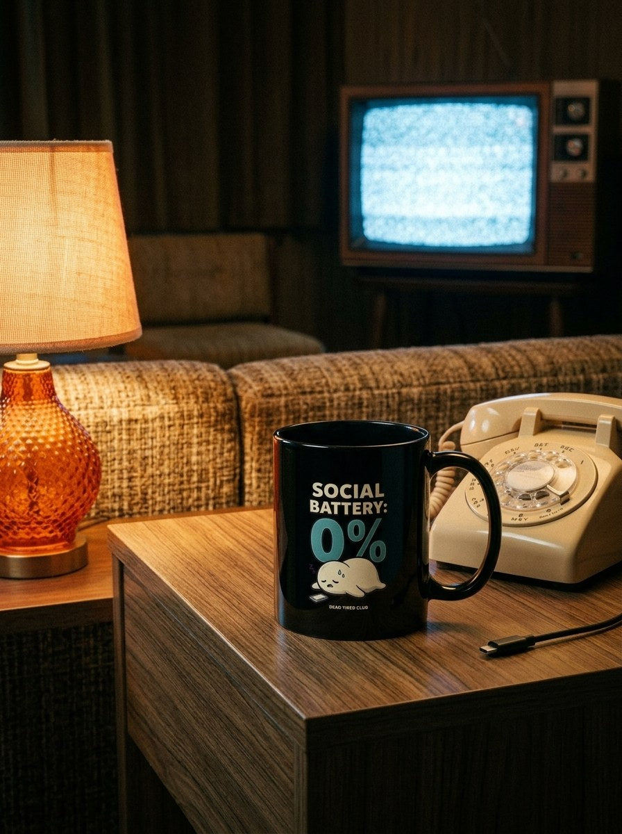 Mug noir Social Battery 0% sur une table de chevet de motel, télévision vintage en fond