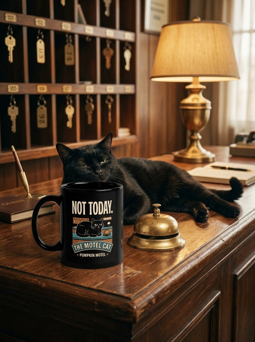 Mug noir Not Today sur le comptoir de la réception du motel, à côté d'un chat noir