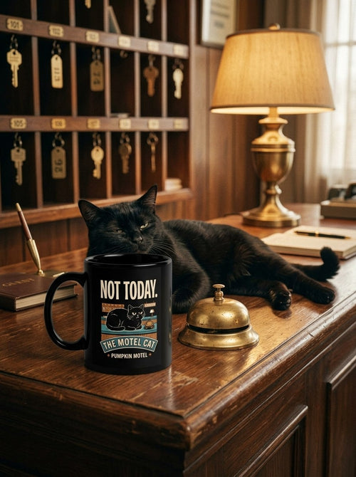 Mug noir Not Today sur le comptoir de la réception du motel, à côté d'un chat noir