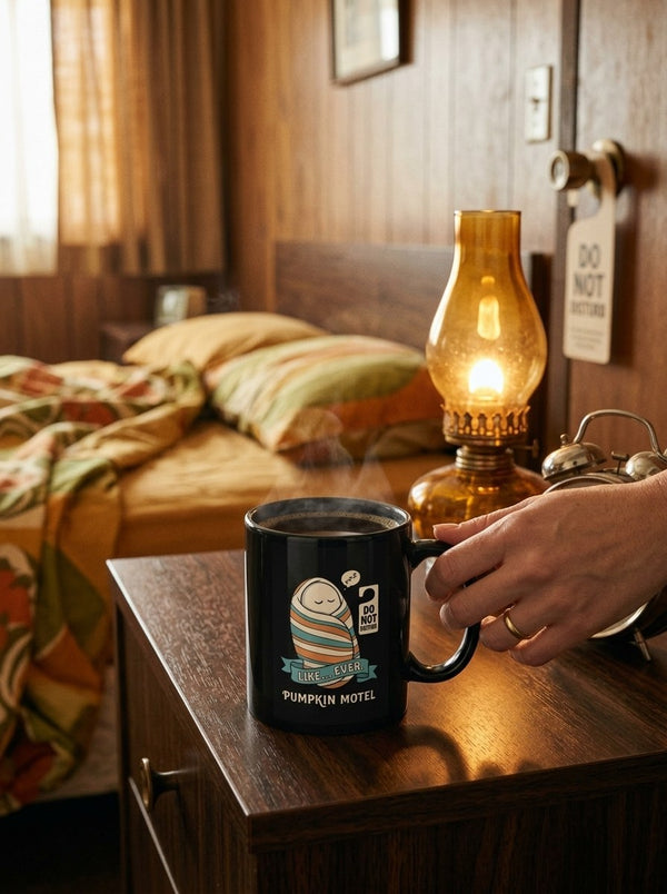 Mug noir Do Not Disturb sur une table de chevet de motel, café fumant au réveil