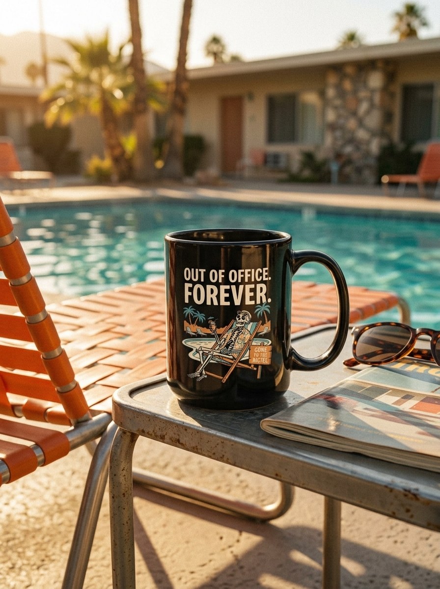 Mug noir Out of Office Forever au bord de la piscine d'un motel, lunettes de soleil rétro