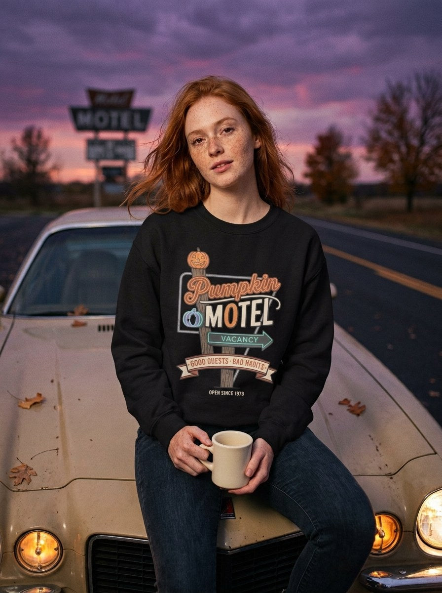 Sweat noir Pumpkin Motel Good Guests Bad Habits porté sur le capot d'une voiture vintage au crépuscule