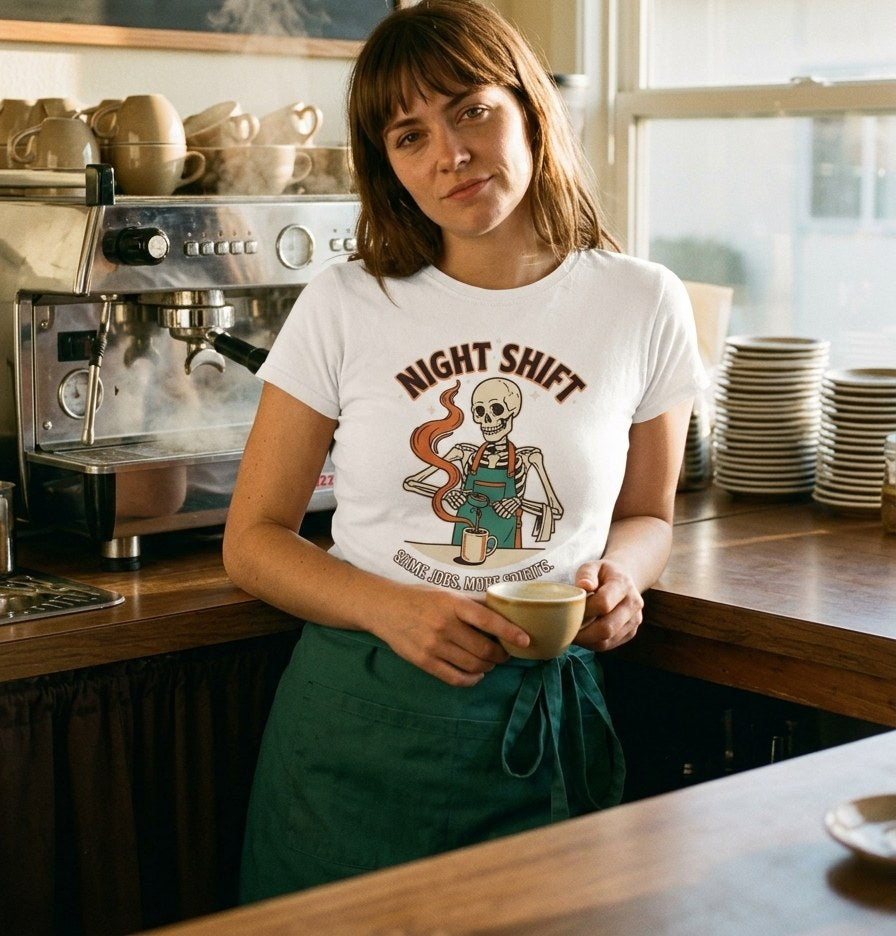 T-shirt blanc Night Shift barista porté derrière le comptoir d'un coffee shop rétro