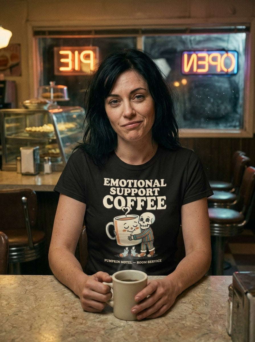 T-shirt noir Emotional Support Coffee porté au comptoir d'un diner rétro