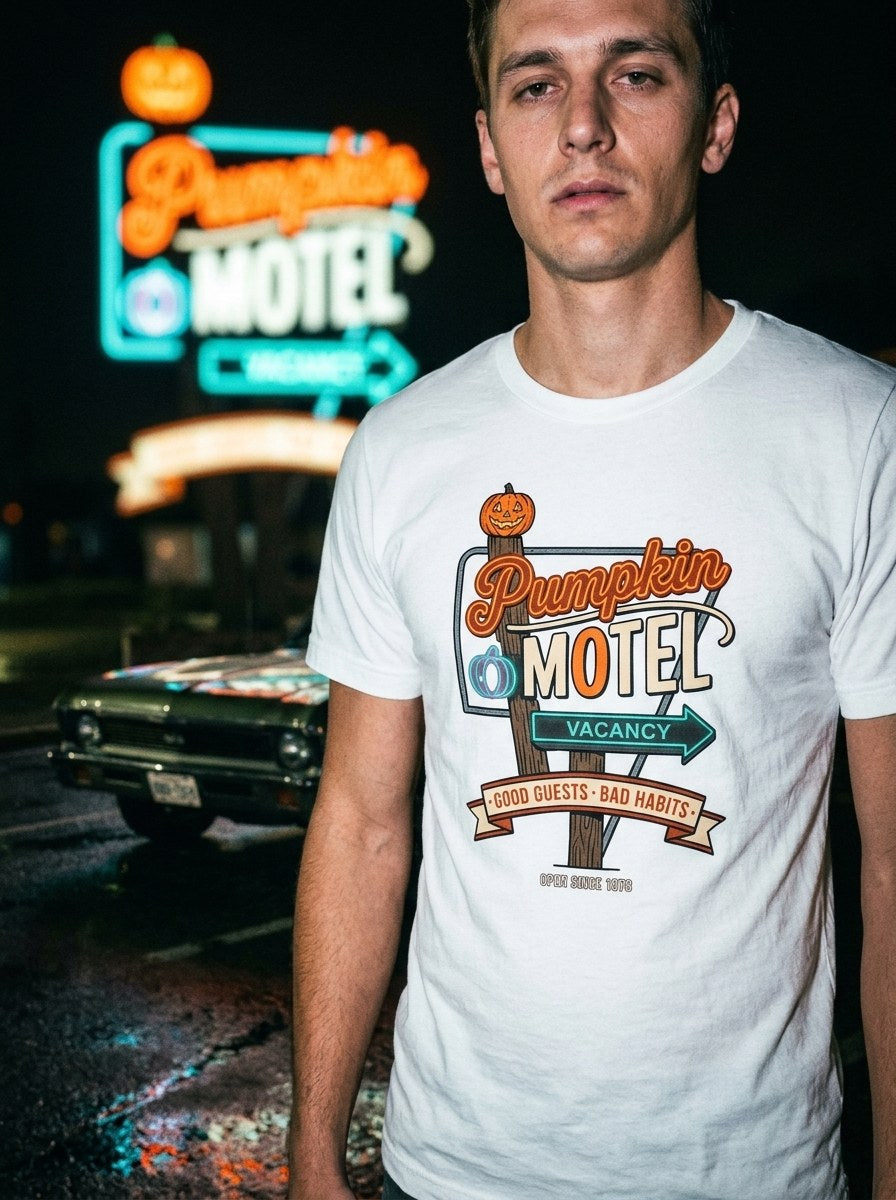 T-shirt blanc Pumpkin Motel porté de nuit devant l'enseigne néon du motel