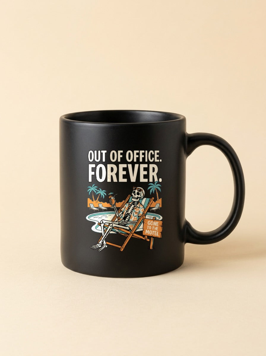 Mug noir Out of Office. Forever. — Pumpkin Motel