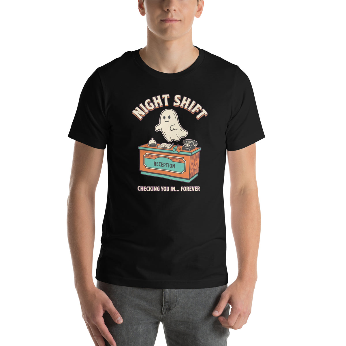 T-shirt Night Shift — Checking You In… Forever noir, vue de face