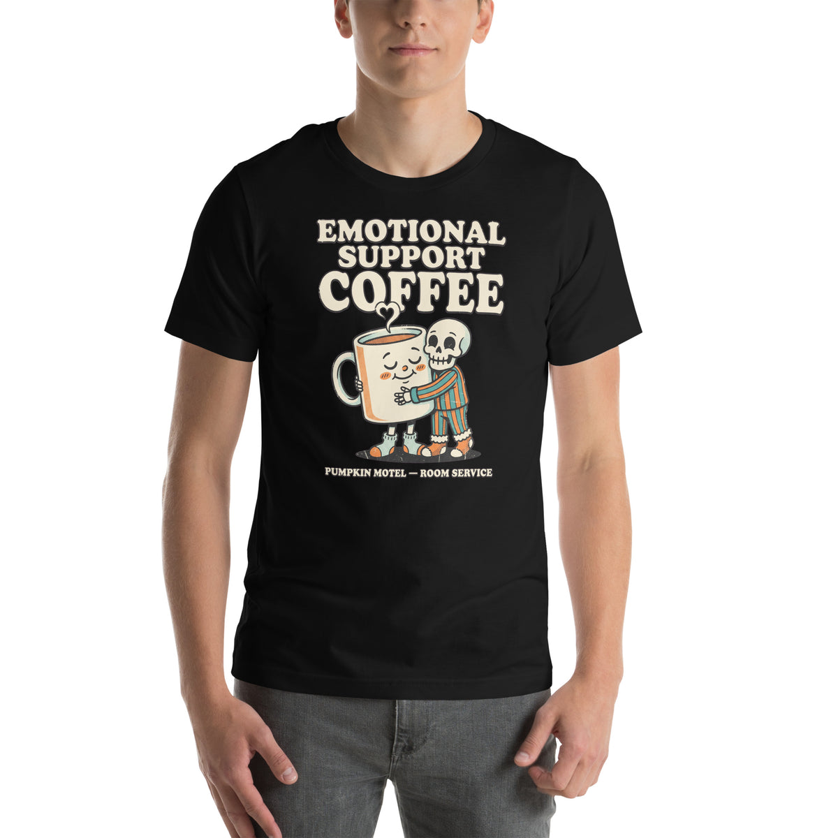 T-shirt Emotional Support Coffee — Room Service noir, vue de face