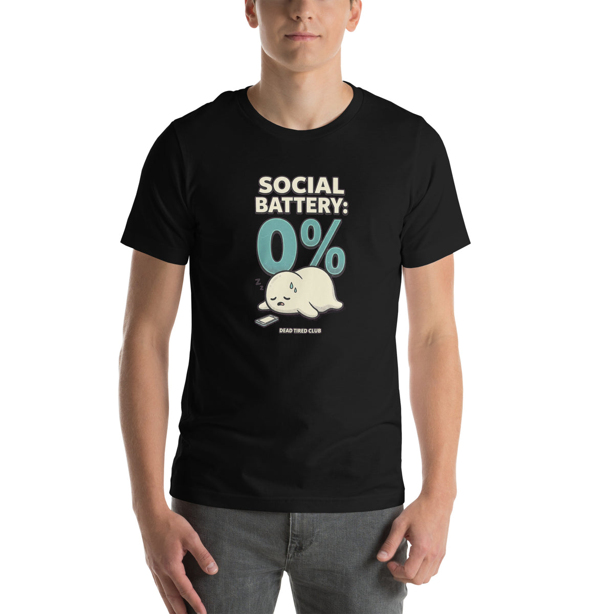 T-shirt Social Battery 0% — Dead Tired Club noir, vue de face
