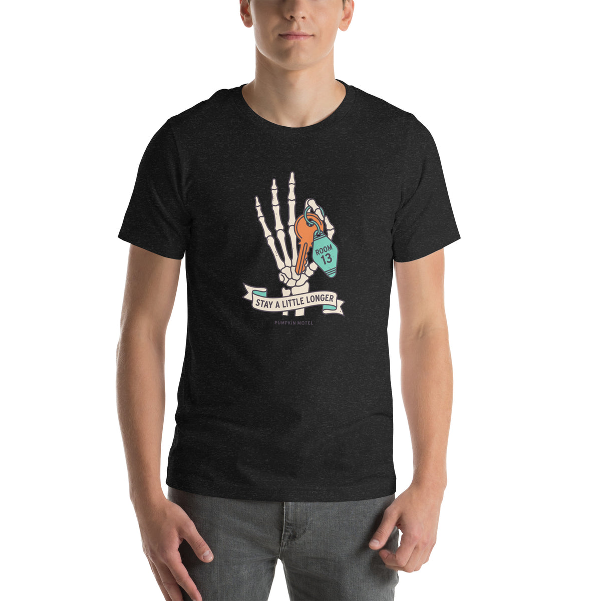 T-shirt blanc Room 13 — Stay A Little Longer noir chiné, vue de face