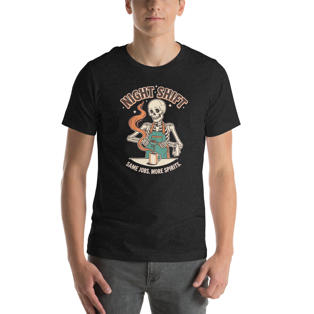 T-shirt Night Shift — Same Jobs. More Spirits. noir chiné, vue de face