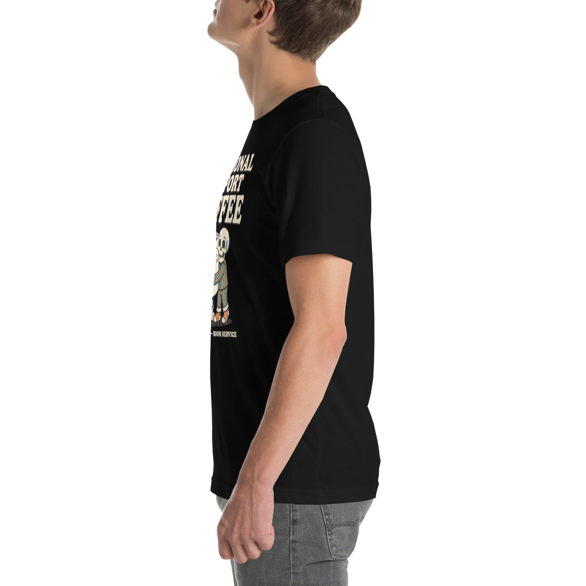 T-shirt Emotional Support Coffee — Room Service noir, vue de profil