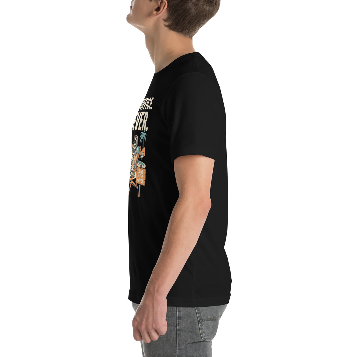 T-shirt Out of Office. Forever. — Pumpkin Motel noir, vue de profil