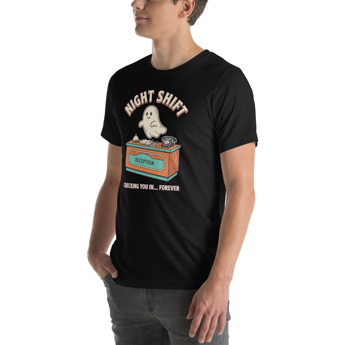T-shirt Night Shift — Checking You In… Forever noir, vue de trois-quarts