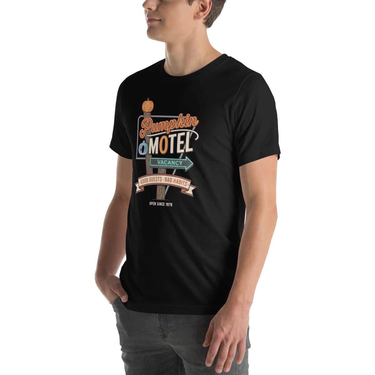 T-shirt Pumpkin Motel — Good Guests · Bad Habits noir, vue de trois-quarts