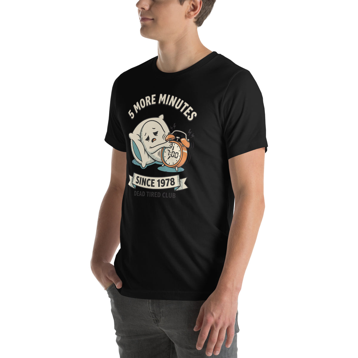 T-shirt 5 More Minutes — Dead Tired Club noir, vue de trois-quarts