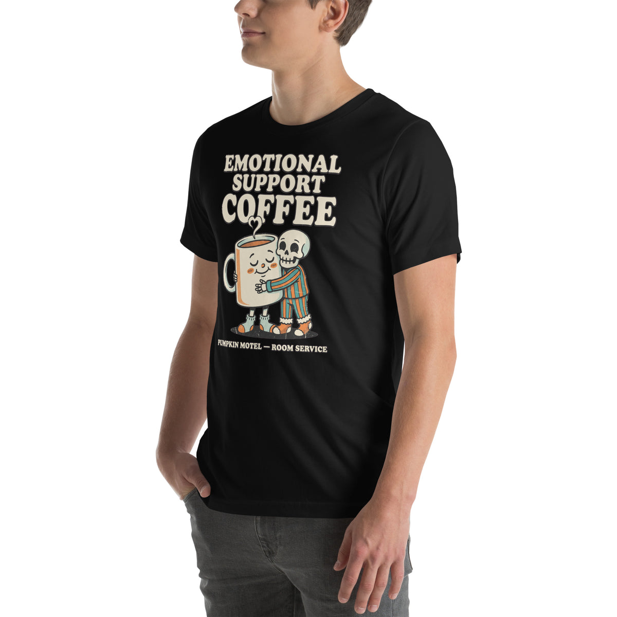 T-shirt Emotional Support Coffee — Room Service noir, vue de trois-quarts