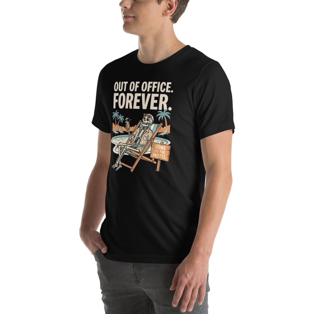 T-shirt Out of Office. Forever. — Pumpkin Motel noir, vue de trois-quarts