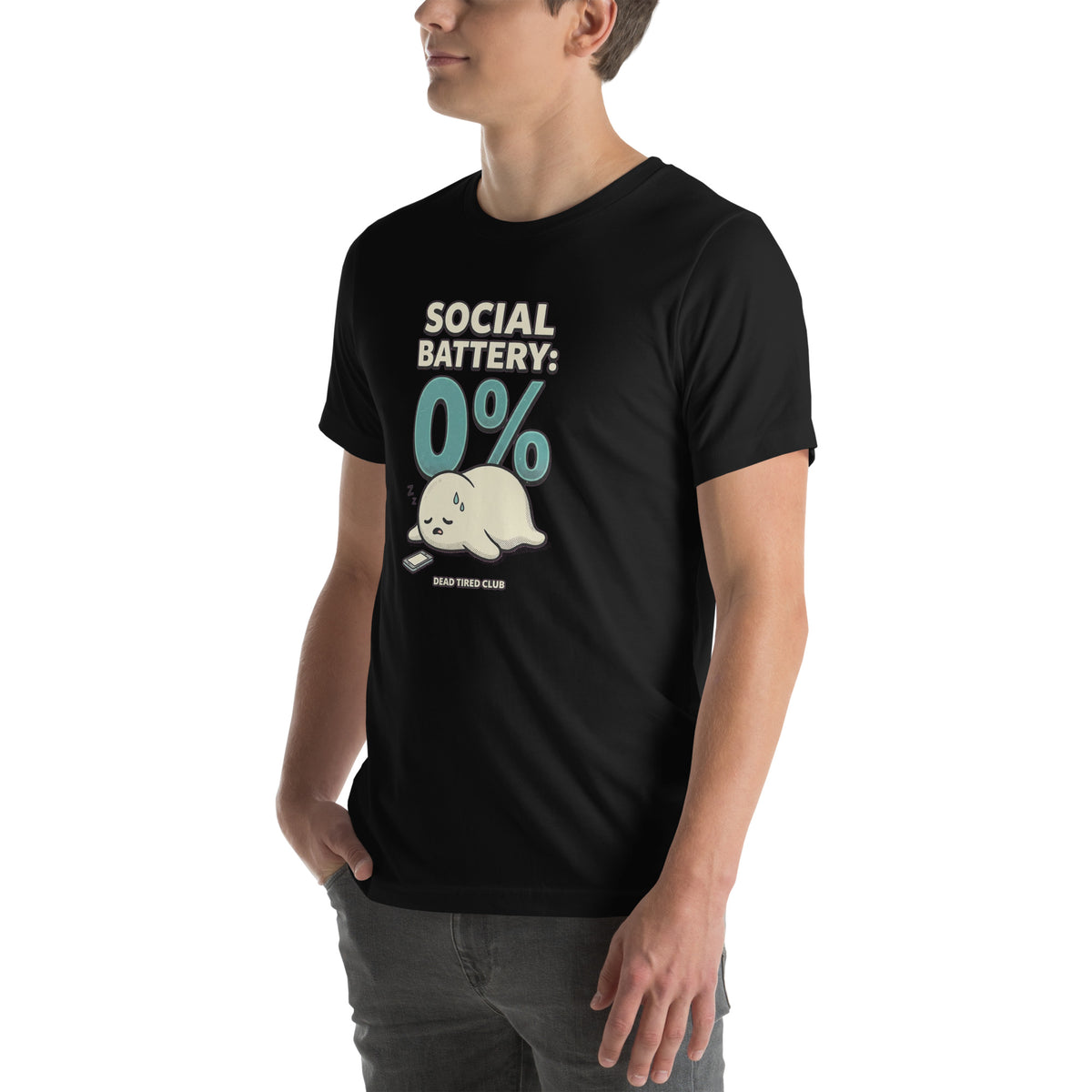T-shirt Social Battery 0% — Dead Tired Club noir, vue de trois-quarts