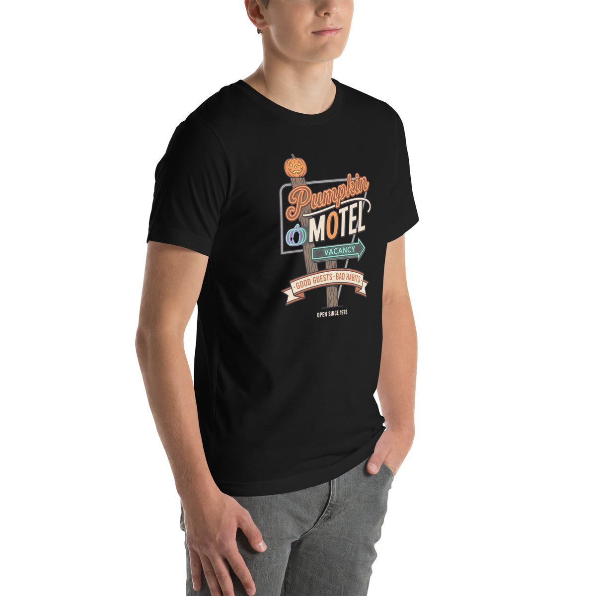 T-shirt Pumpkin Motel — Good Guests · Bad Habits noir, vue de trois-quarts