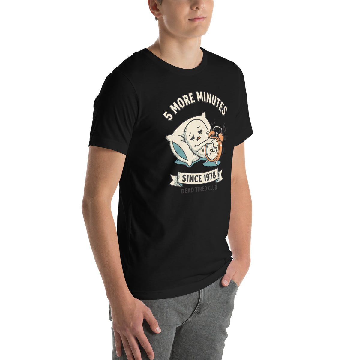T-shirt 5 More Minutes — Dead Tired Club noir, vue de trois-quarts