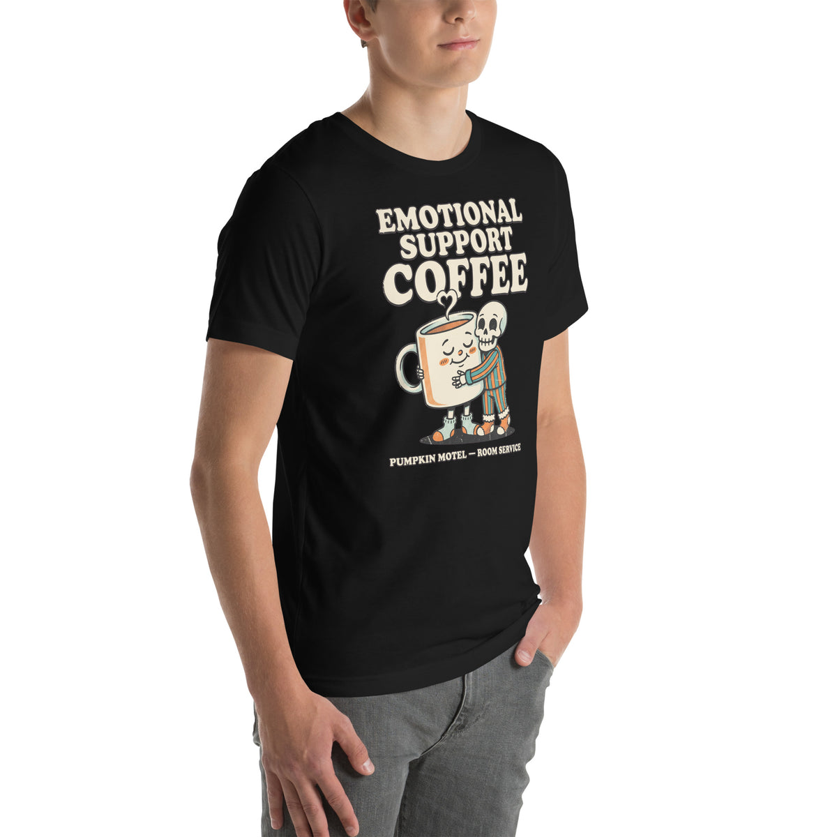 T-shirt Emotional Support Coffee — Room Service noir, vue de trois-quarts