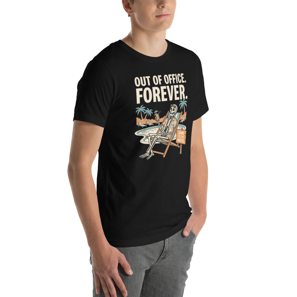 T-shirt Out of Office. Forever. — Pumpkin Motel noir, vue de trois-quarts