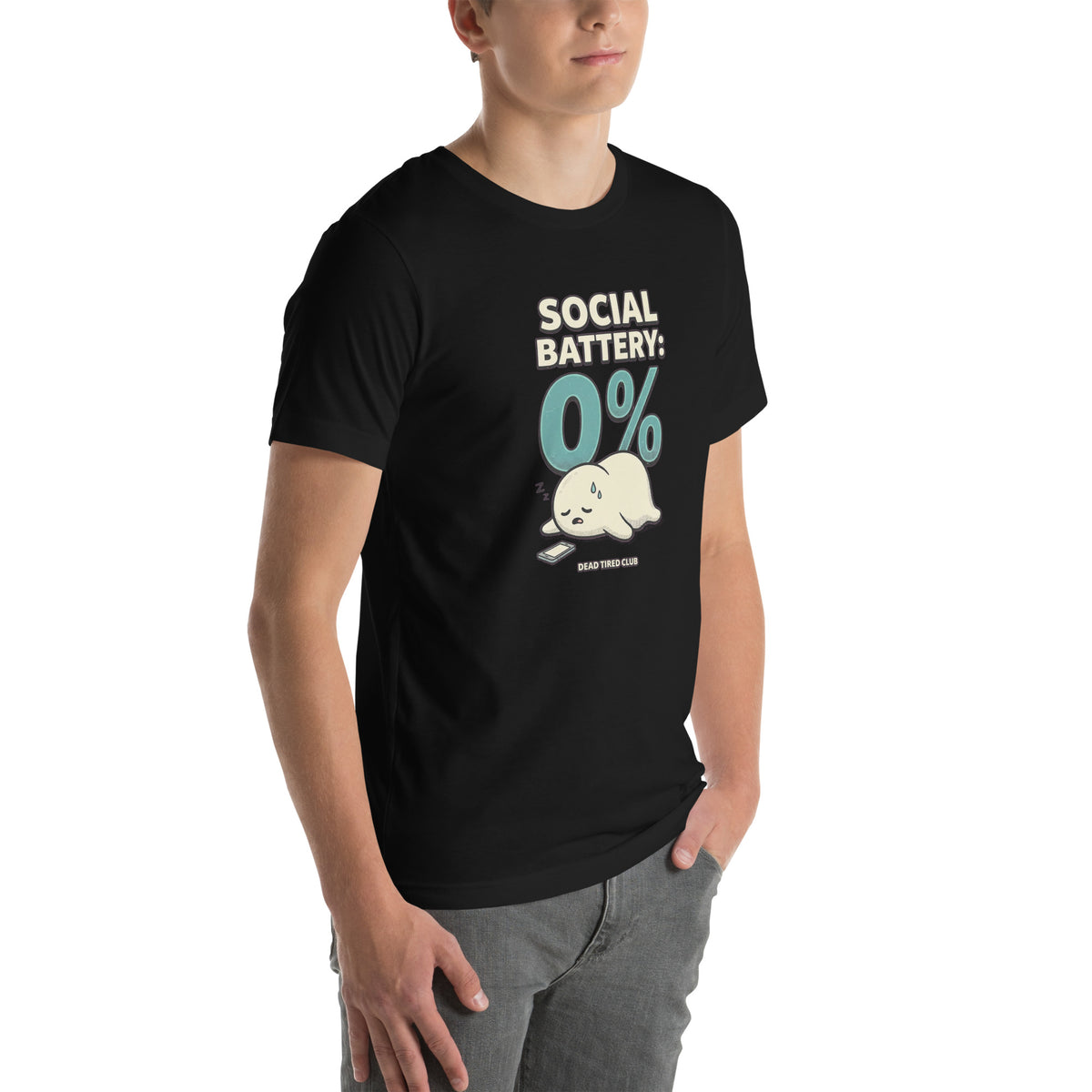 T-shirt Social Battery 0% — Dead Tired Club noir, vue de trois-quarts