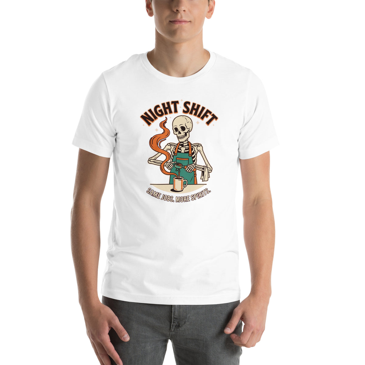 T-shirt Night Shift — Same Jobs. More Spirits. blanc, vue de face