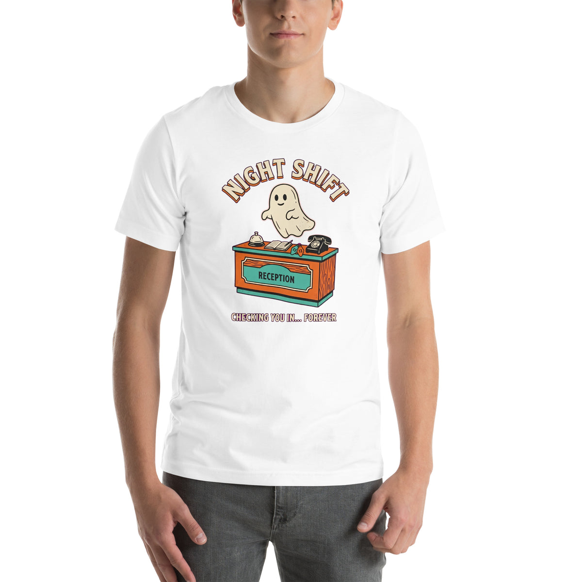 T-shirt Night Shift — Checking You In… Forever blanc, vue de face