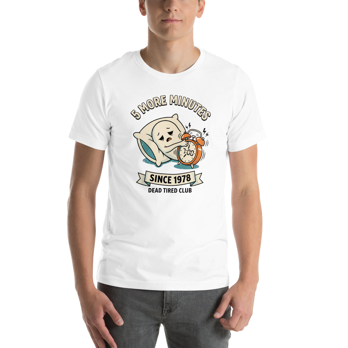 T-shirt 5 More Minutes — Dead Tired Club blanc, vue de face
