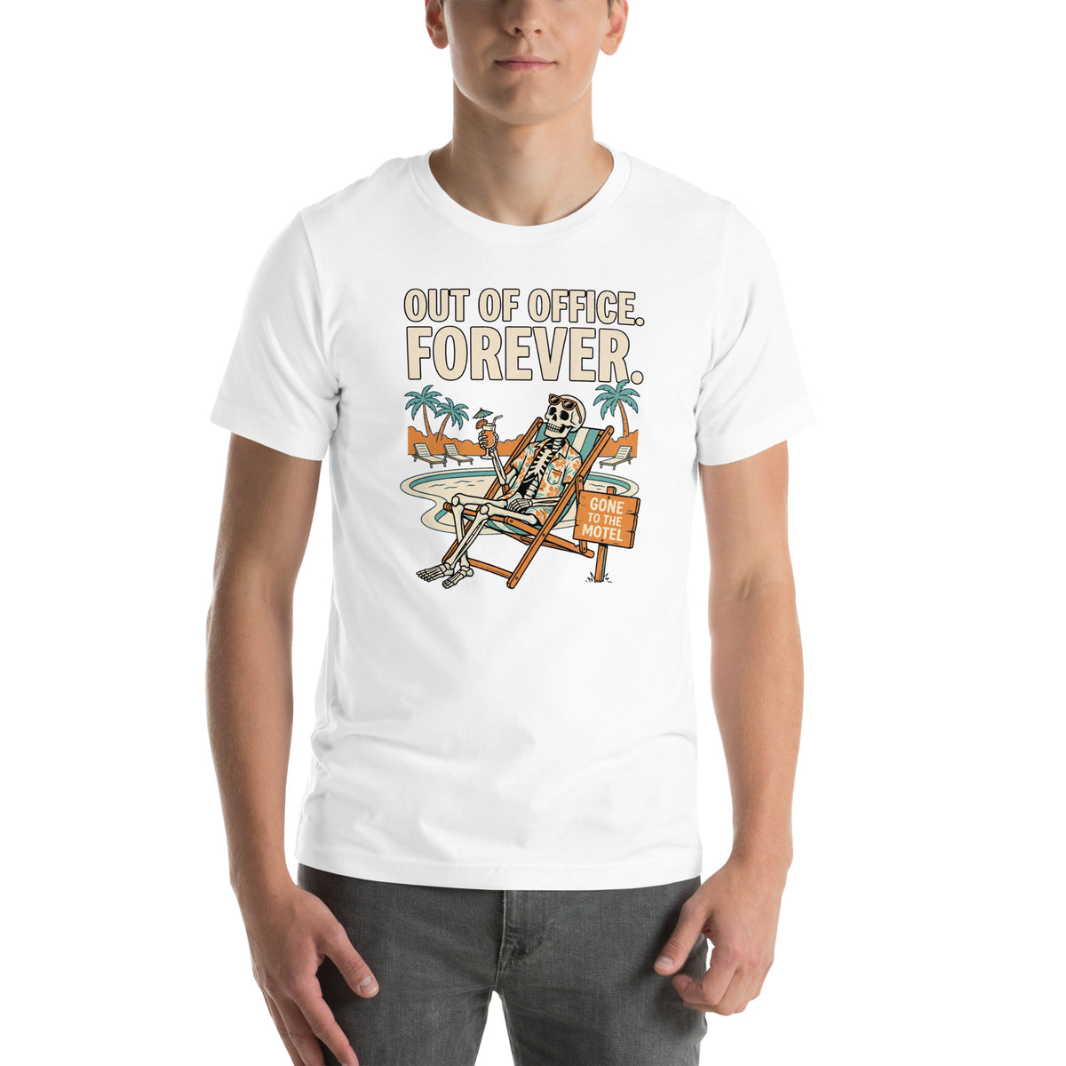 T-shirt Out of Office. Forever. — Pumpkin Motel blanc, vue de face