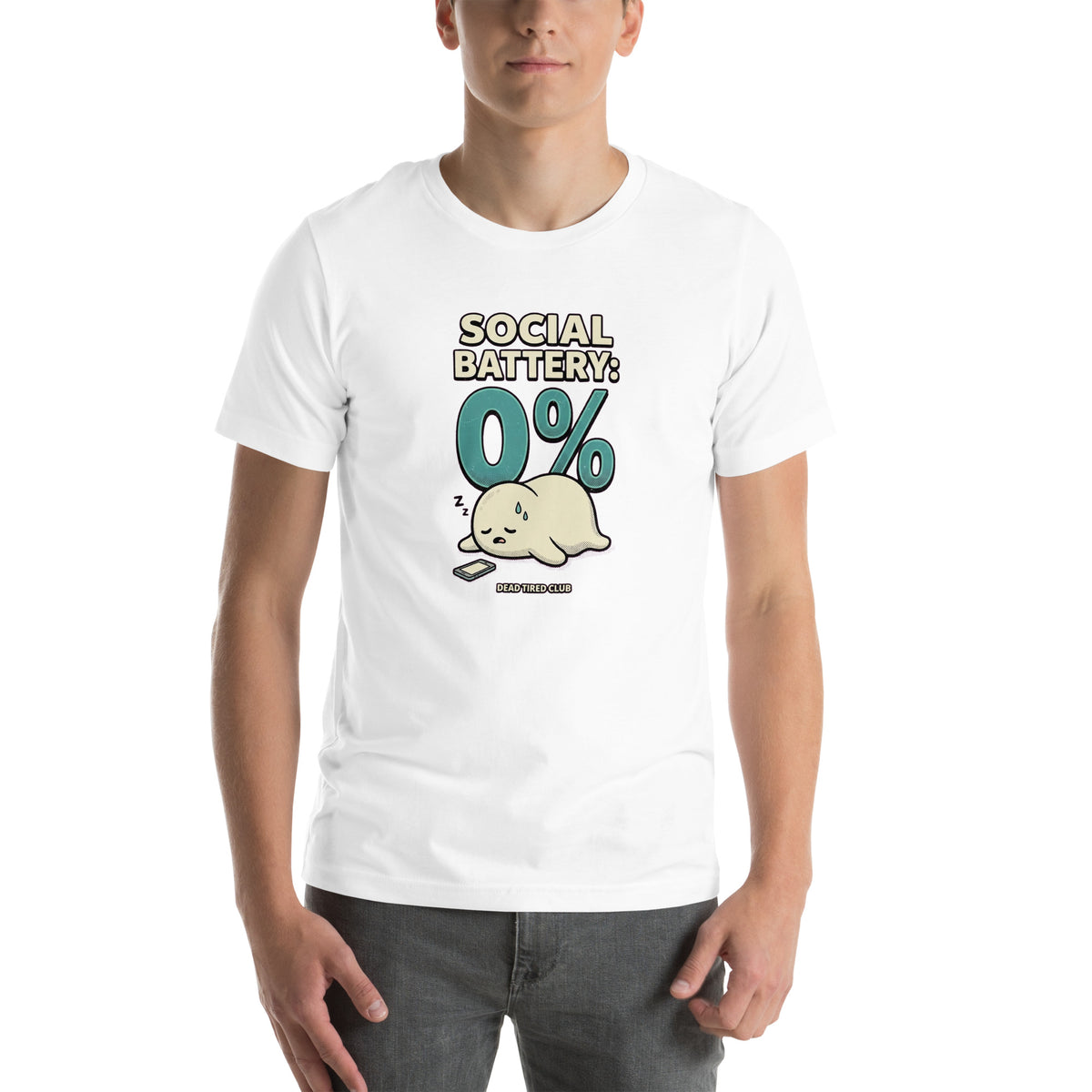 T-shirt Social Battery 0% — Dead Tired Club blanc, vue de face