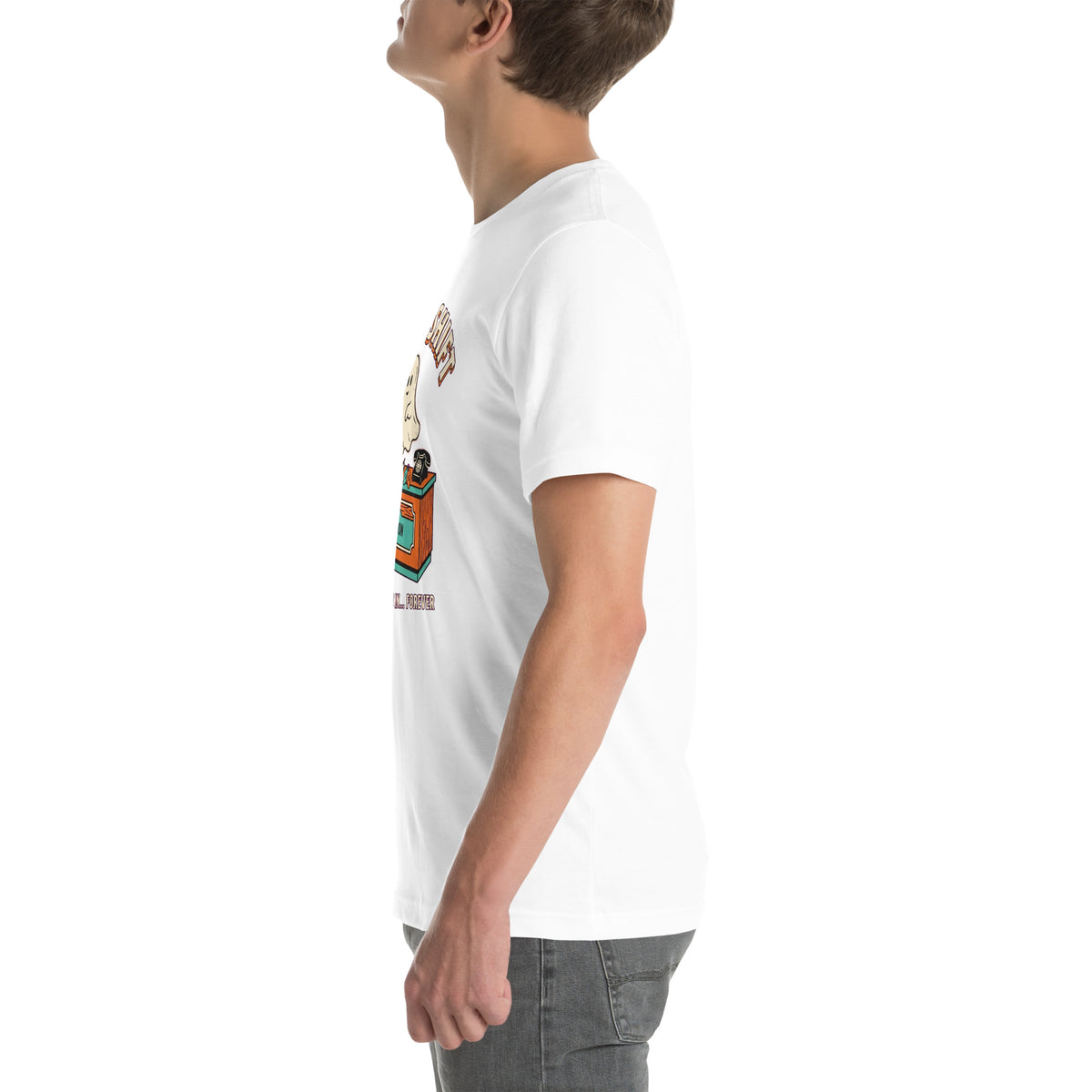 T-shirt Night Shift — Checking You In… Forever blanc, vue de profil