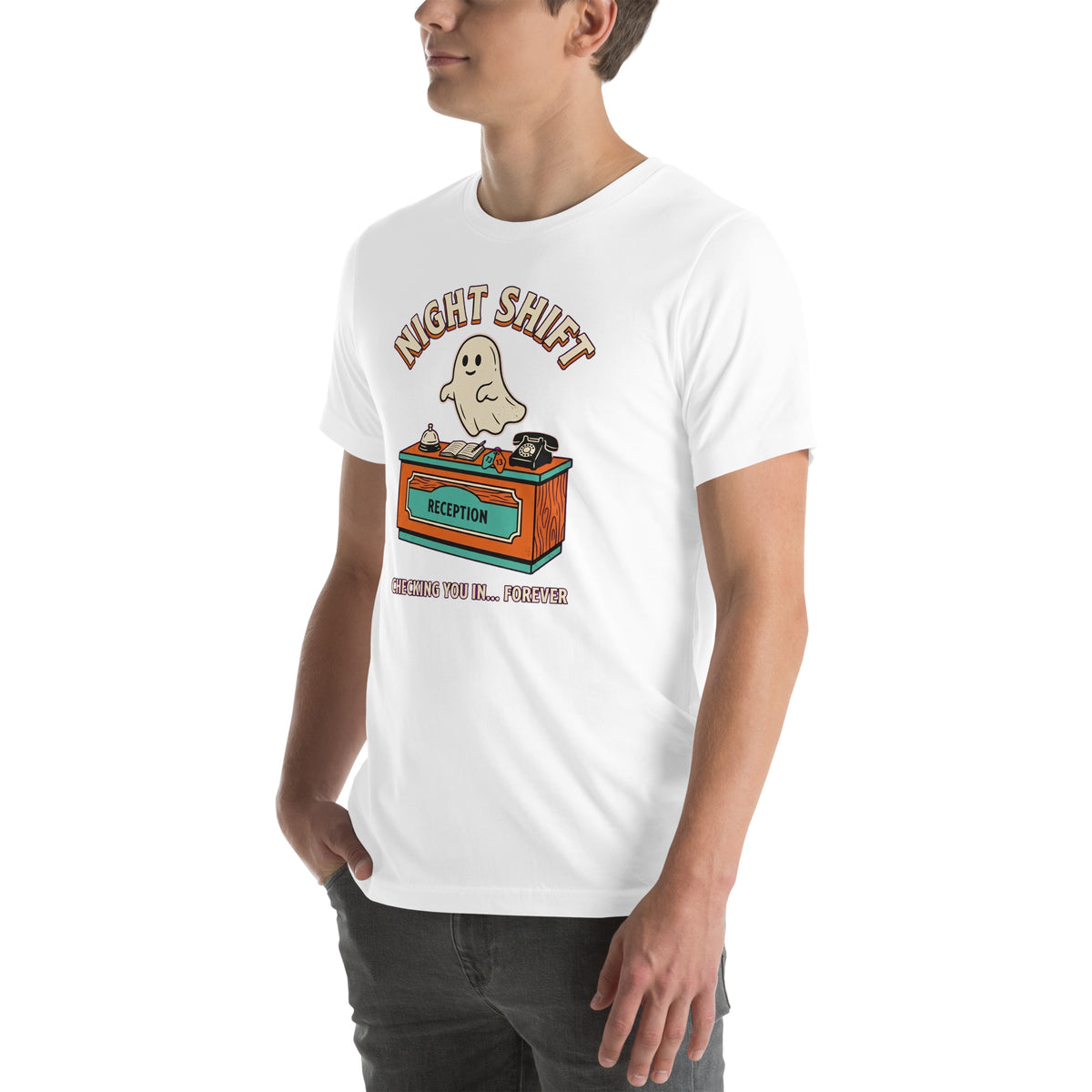 T-shirt Night Shift — Checking You In… Forever blanc, vue de trois-quarts