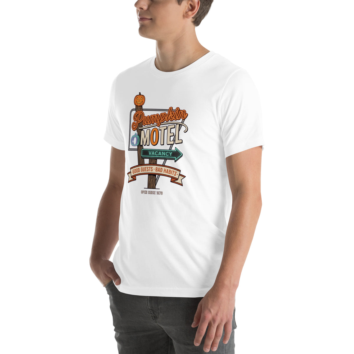 T-shirt Pumpkin Motel — Good Guests · Bad Habits blanc, vue de trois-quarts