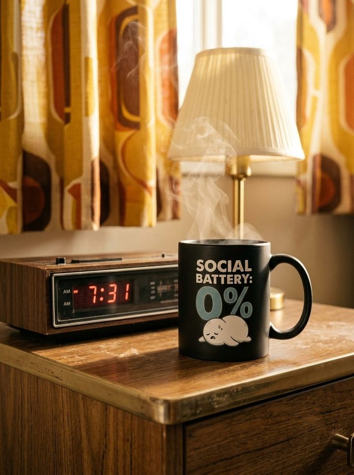 Mug noir Social Battery 0% sur une table de chevet de motel rétro, réveil 7h31