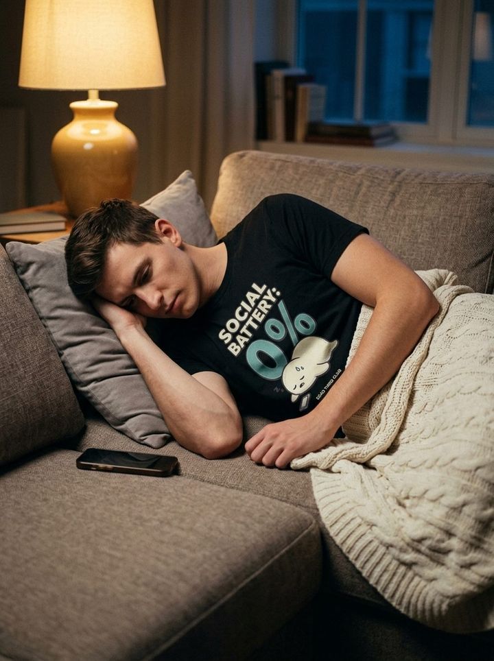 T-shirt noir Social Battery 0% porté sur un canapé de motel