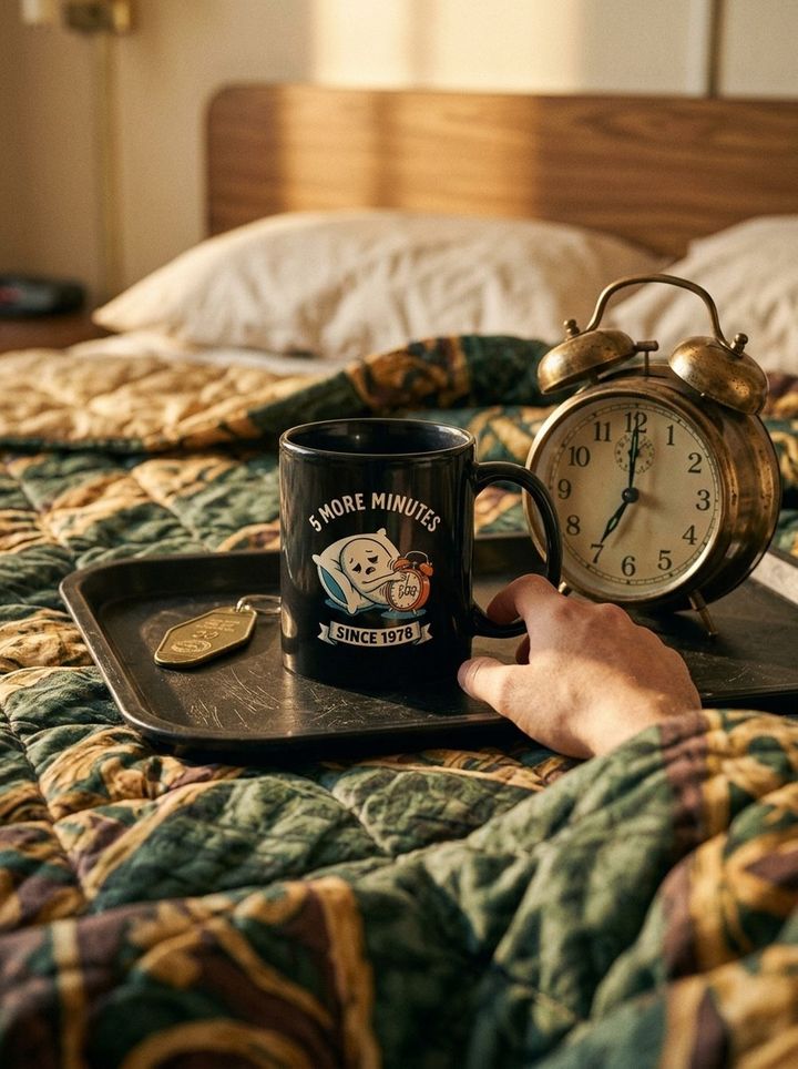 Mug 5 More Minutes avec réveil vintage sur un plateau de petit-déjeuner