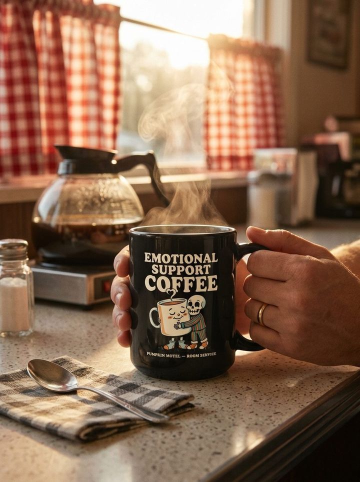 Mug Emotional Support Coffee tenu à deux mains au comptoir du motel