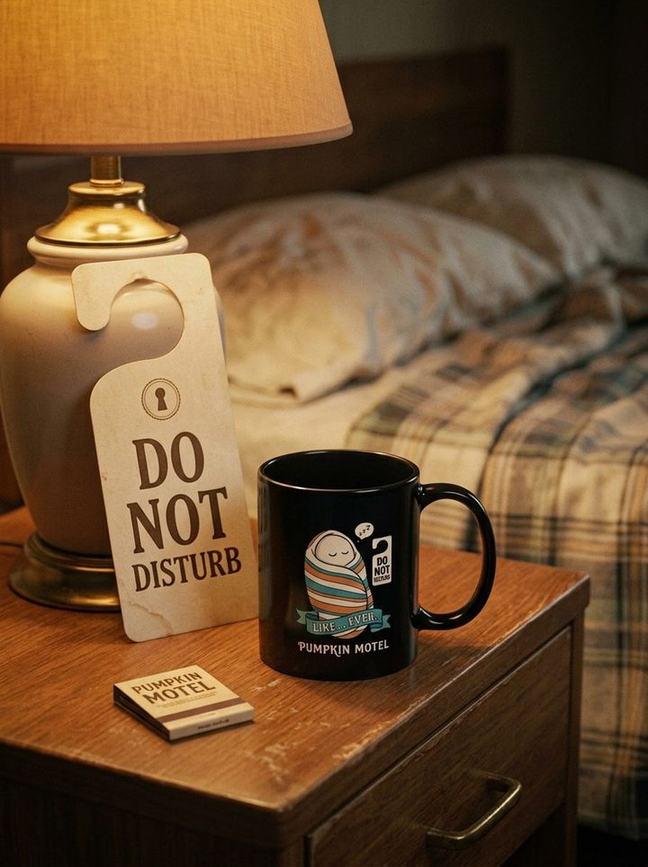 Mug Do Not Disturb sur une table de chevet de motel avec pancarte de porte