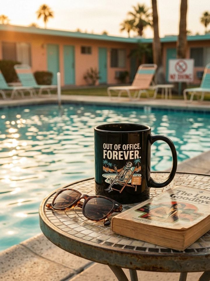 Mug Out of Office Forever sur une table au bord de la piscine du motel