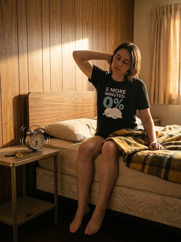 T-shirt 5 More Minutes porté au bord du lit dans une chambre de motel rétro